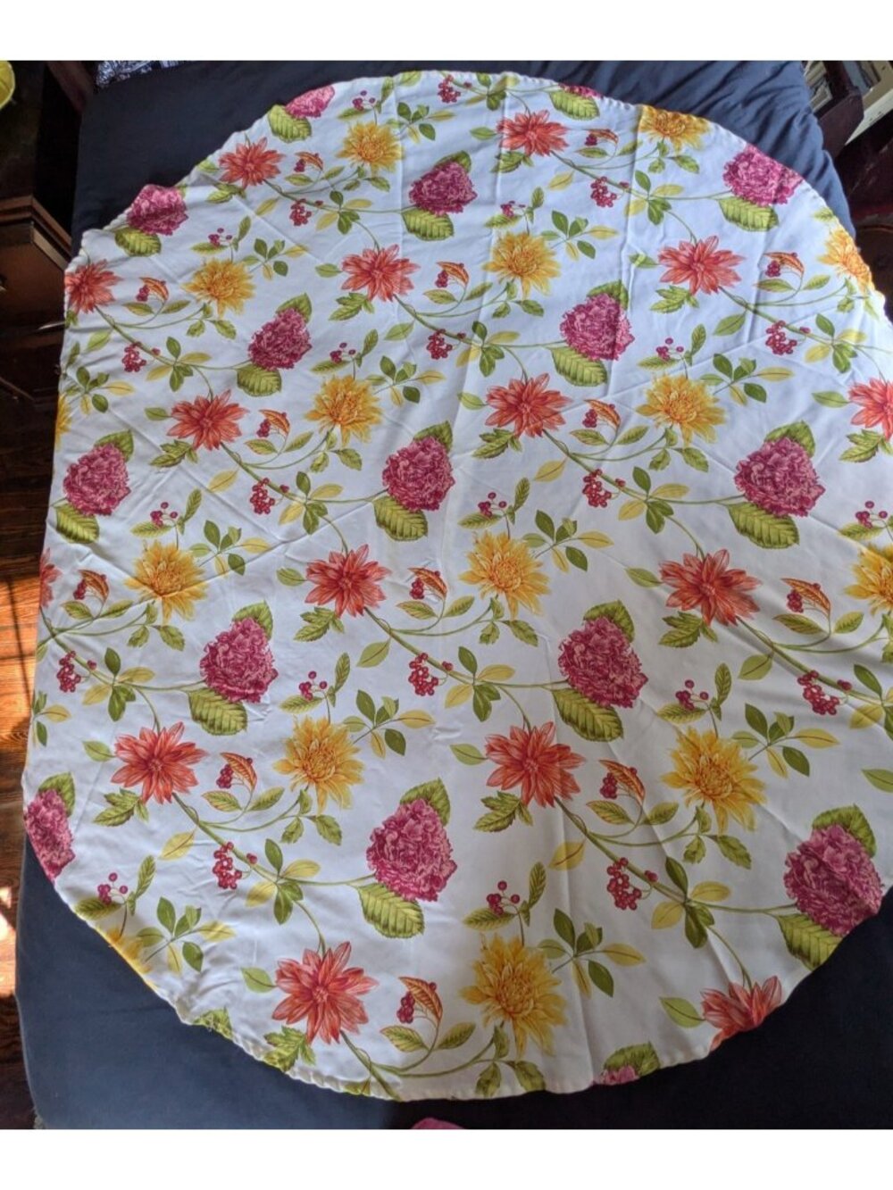 Colorful Round Tablecloth Cottage Orange Red Yellow Floral Polyester 70”